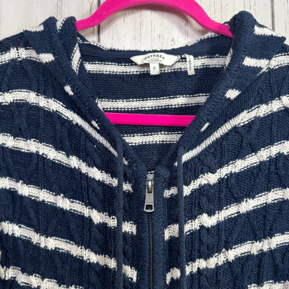 FatFace Striped Knit Hoodie Cardigan Navy White Size 8 Preppy Coastal Grandma - Picture 2 of 15